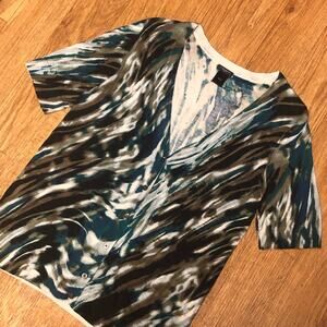 Ann Taylor Blue Black Brown Abstract Button Front Cardigan Sweater Size Large